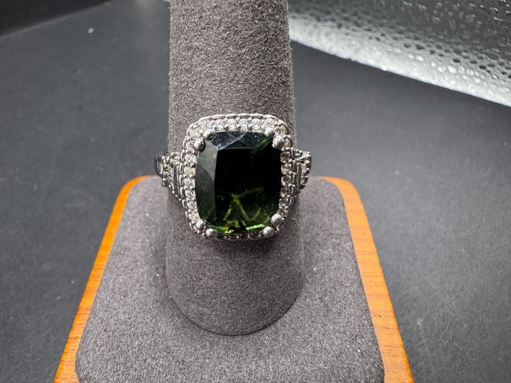 D'Joy 925 Sterling Silver Green Tourmaline Diamond Halo Filigree Ring Size 10